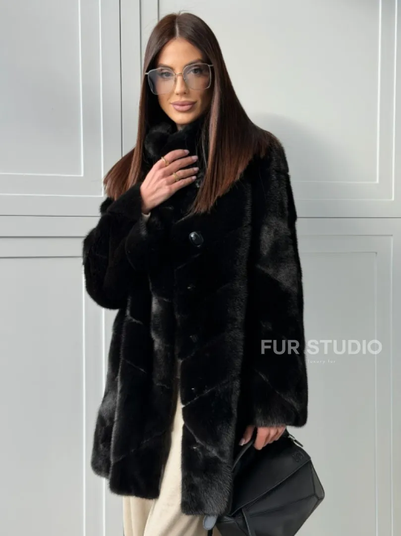 Черная норковая шуба - стойка воротник