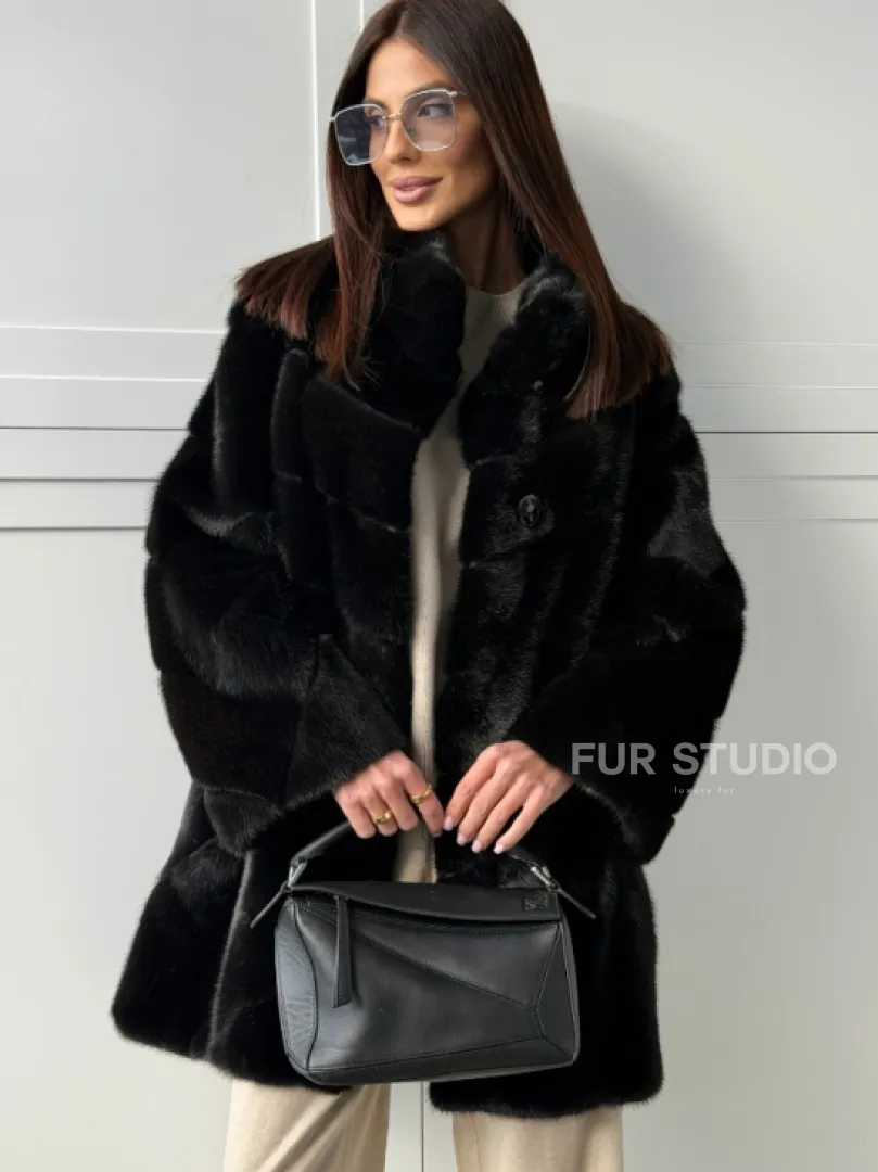 Черная норковая шуба - стойка воротник