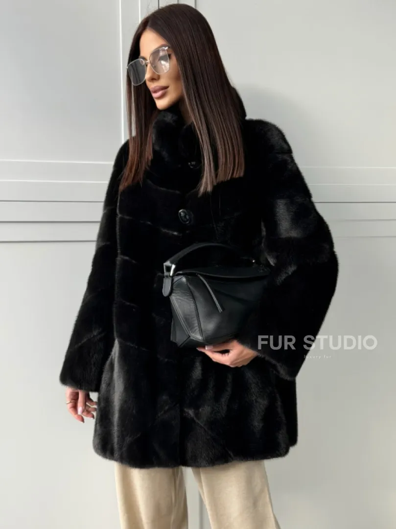 Черная норковая шуба - стойка воротник