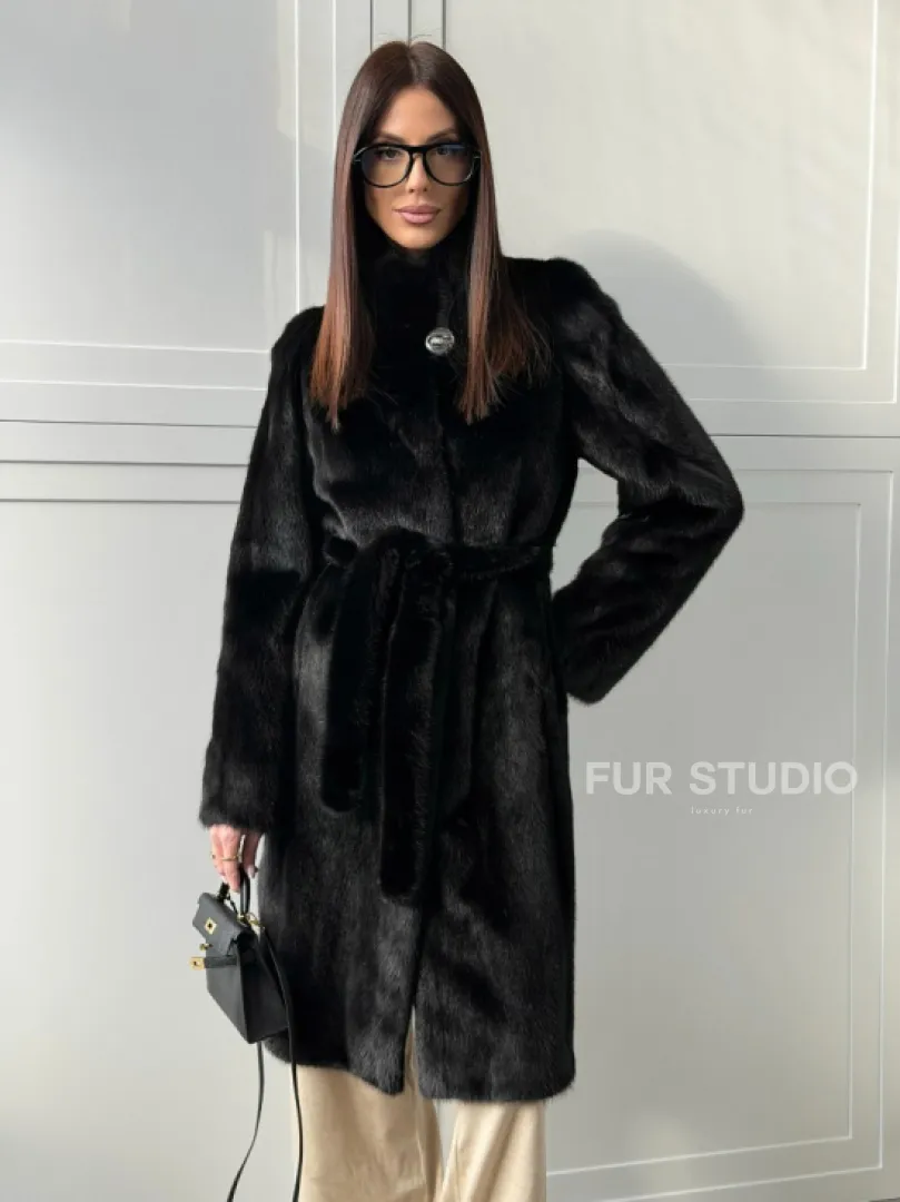 Черная норковая шуба - воротник стойка