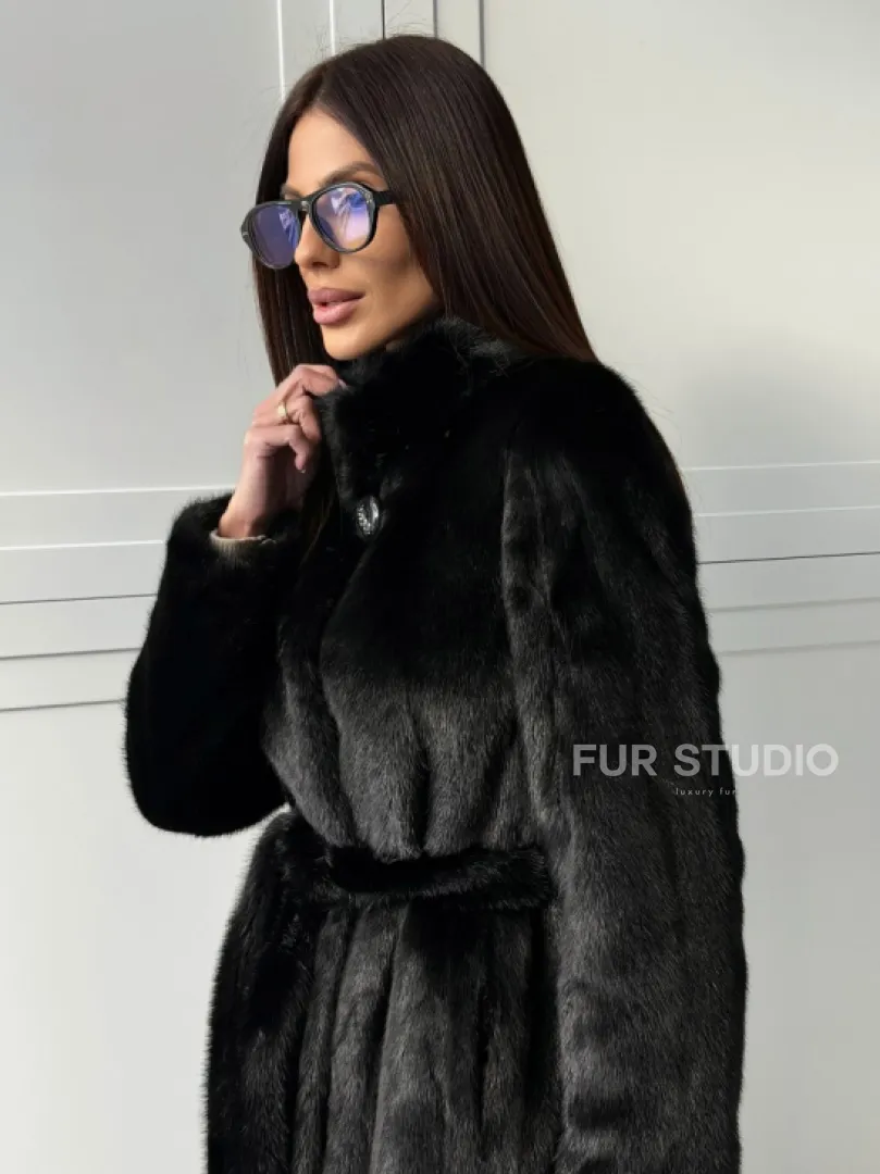 Черная норковая шуба - воротник стойка
