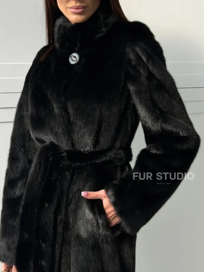 Черная норковая шуба - воротник стойка