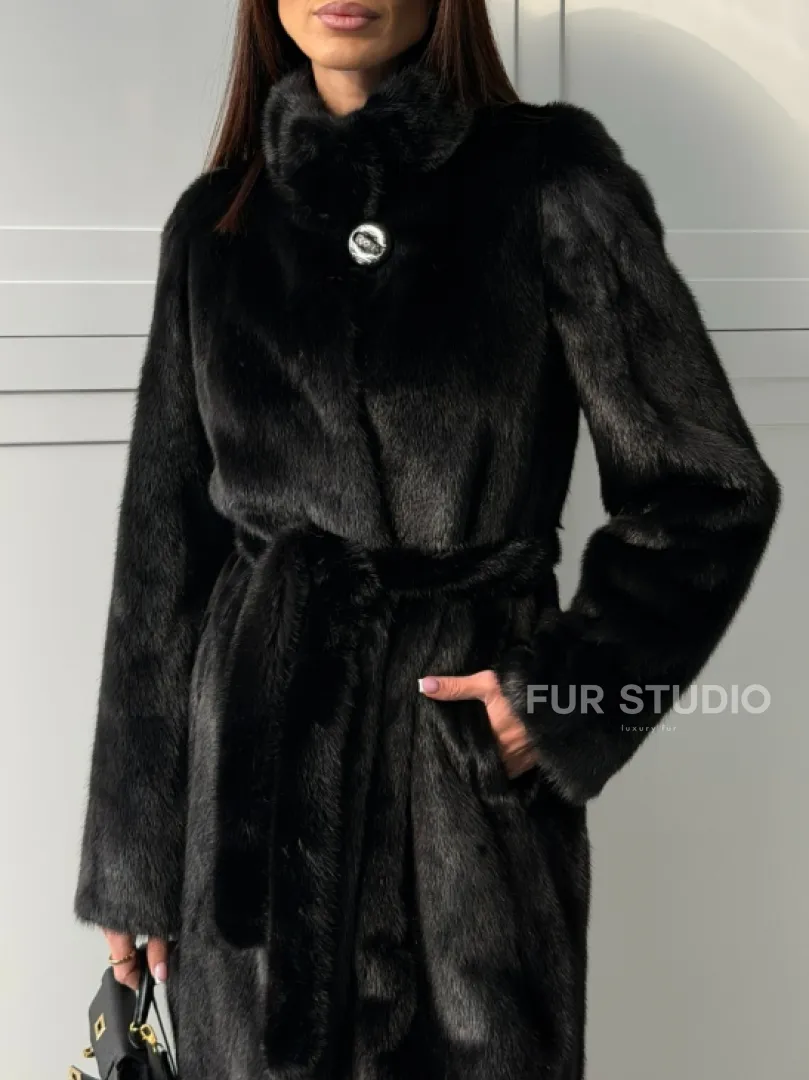 Черная норковая шуба - воротник стойка