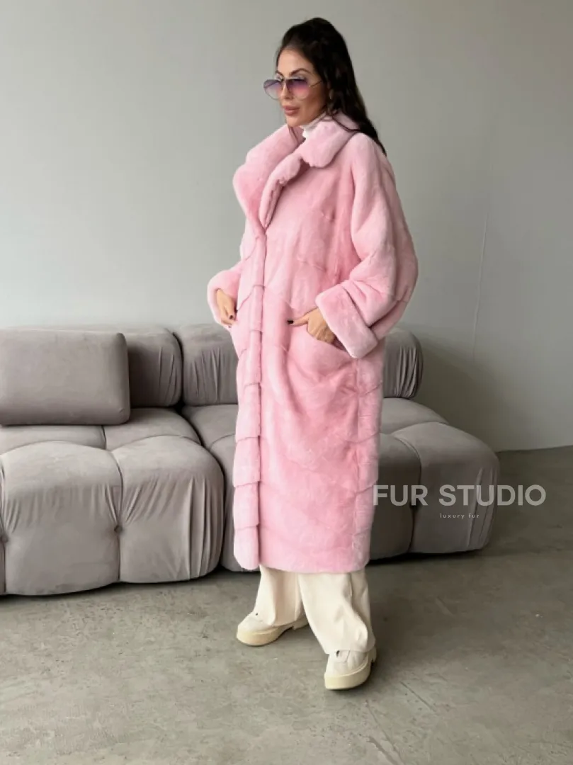 Удлиненная шуба из плюшевой норки Velvet цвет розовый