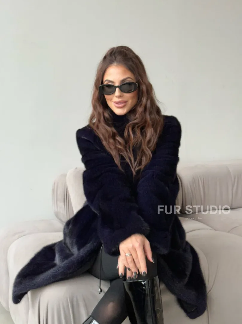 Шуба из аукционной норки стойка воротник  - цвет инфинити