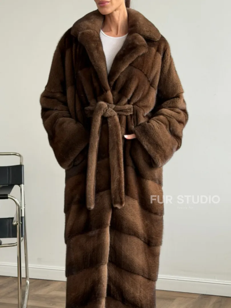 Шуба из плюшевой норки Velvet с английским воротником - цвет соболь