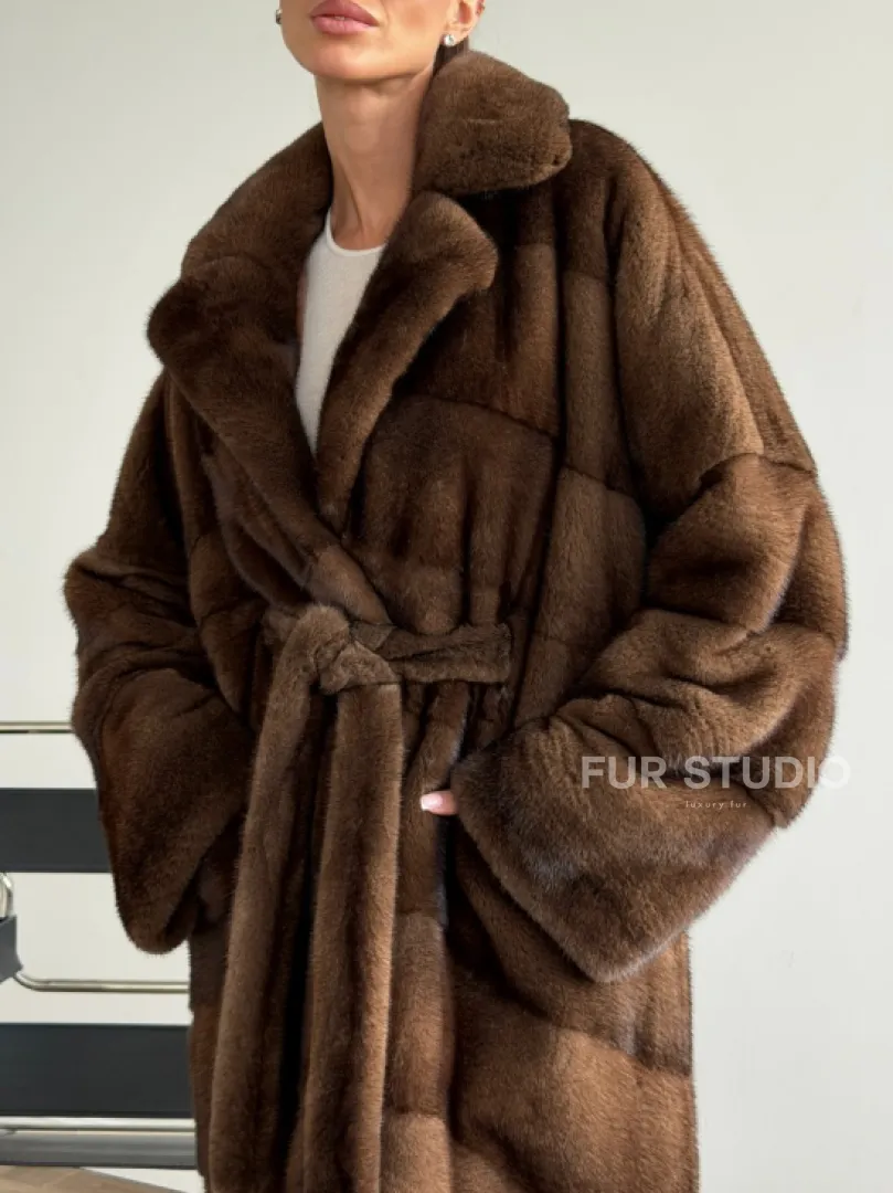 Шуба из плюшевой норки Velvet с английским воротником - цвет соболь