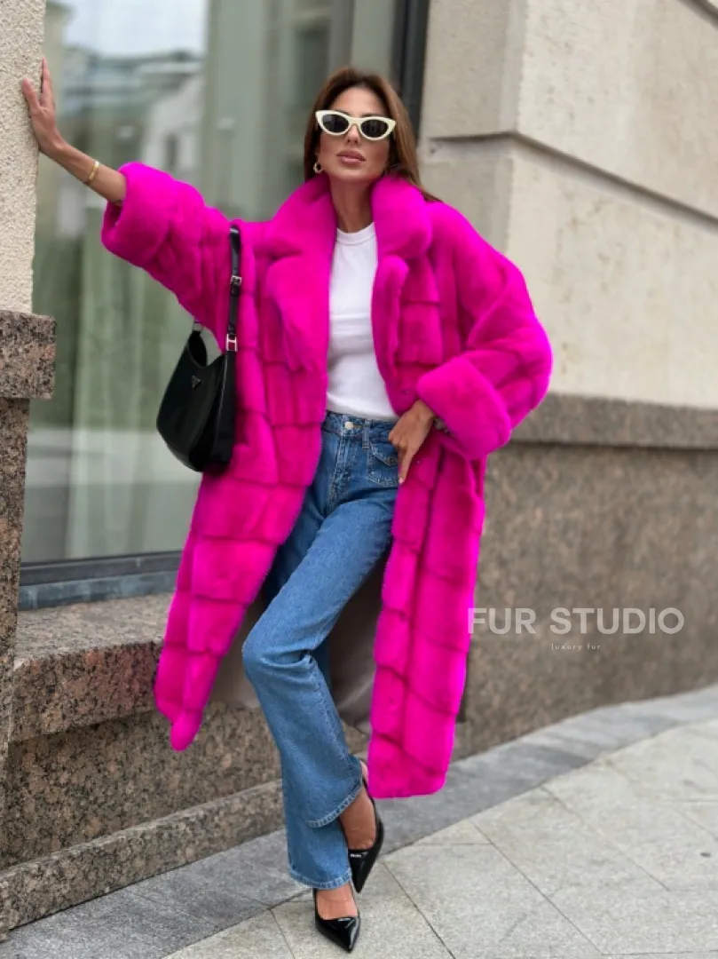 Розовая норковая шуба