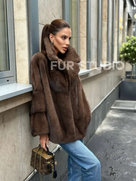 Норковый полушубок с английским воротником - цвет орех - фото 10