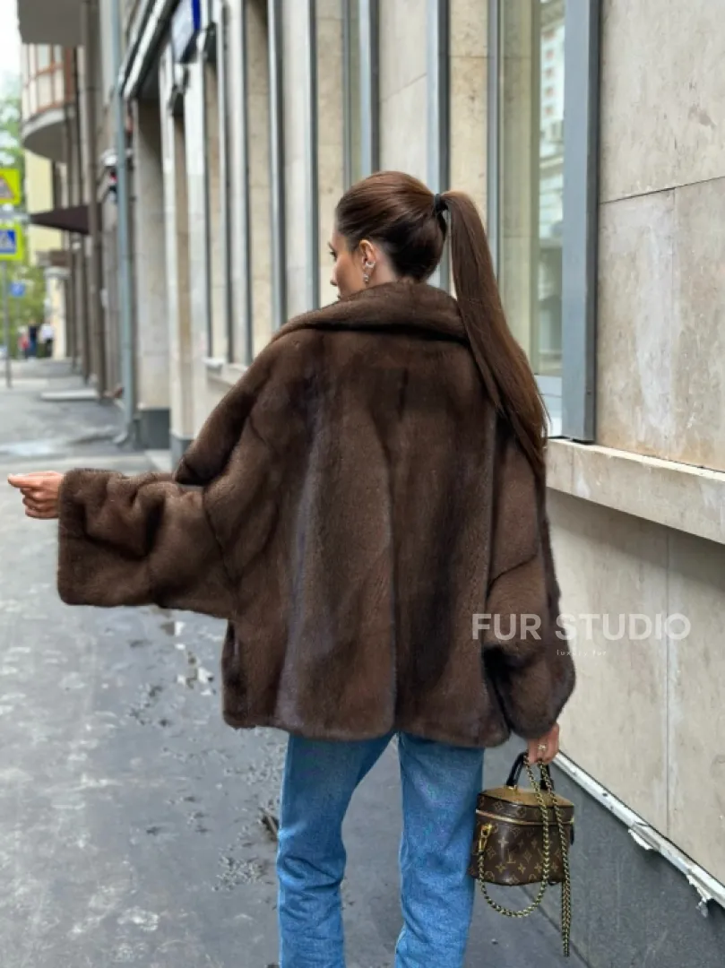 Норковый полушубок с английским воротником - цвет орех