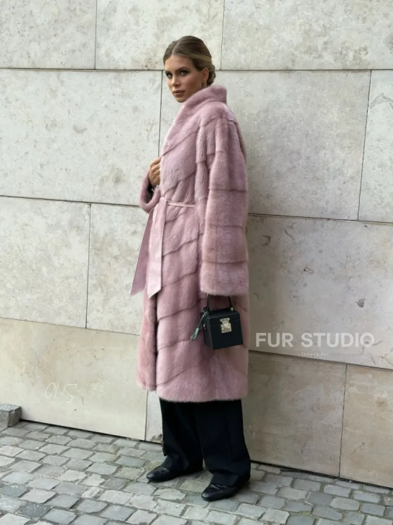 Шуба норковая с поясом - цвет розовый фламинго