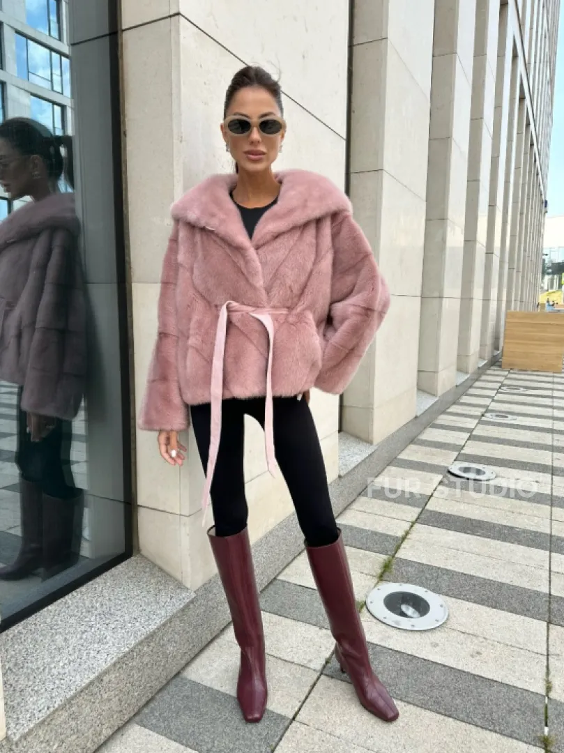 Норковый жакет с капюшоном - цвет розовый фламинго