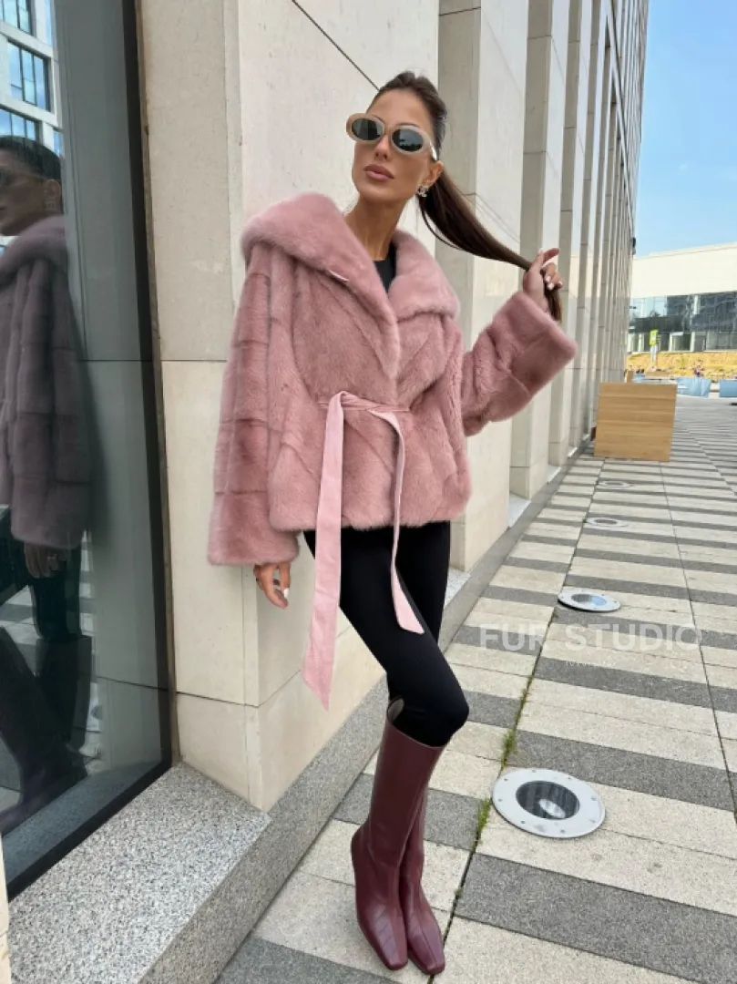 Норковый жакет с капюшоном - цвет розовый фламинго
