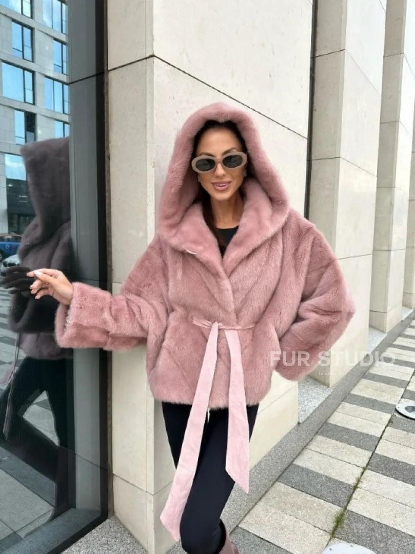 Норковый жакет с капюшоном - цвет розовый фламинго