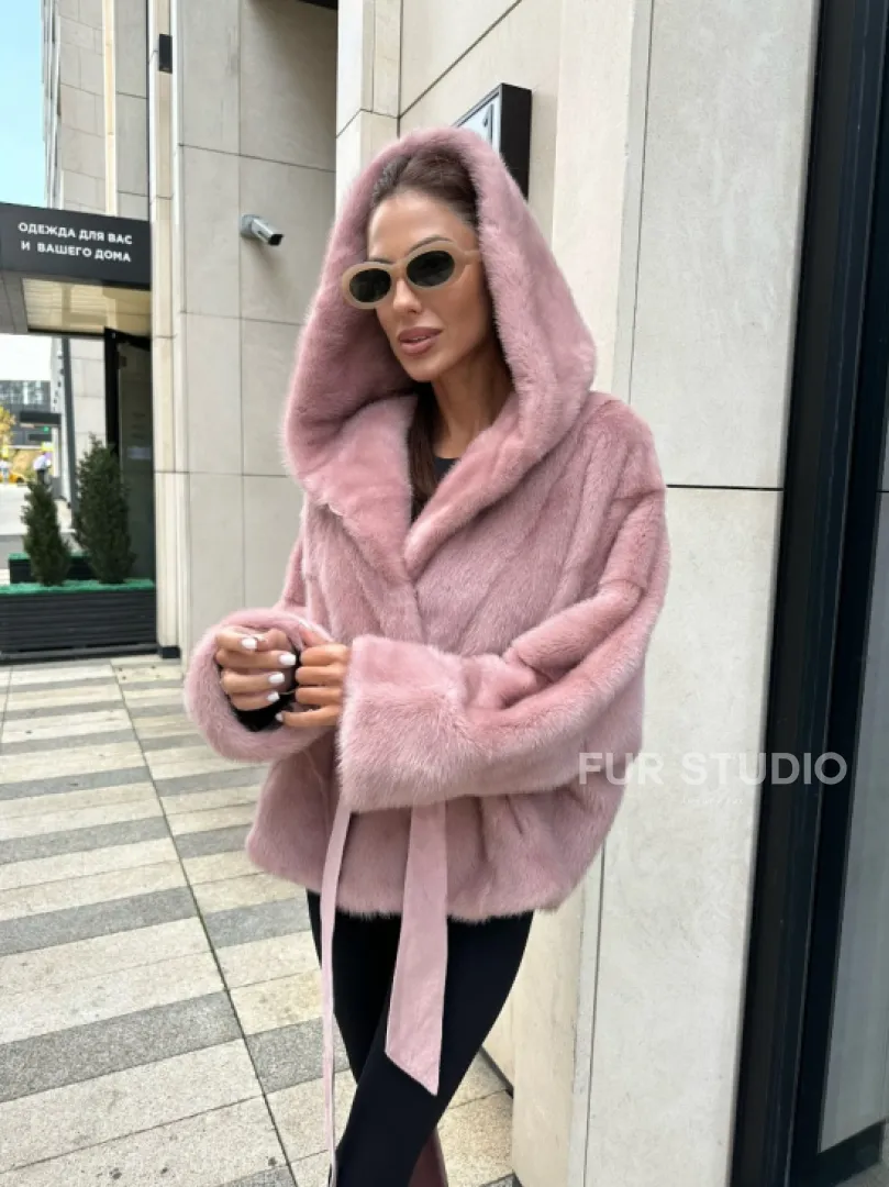 Норковый жакет с капюшоном - цвет розовый фламинго
