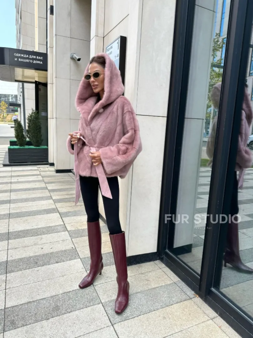 Норковый жакет с капюшоном - цвет розовый фламинго