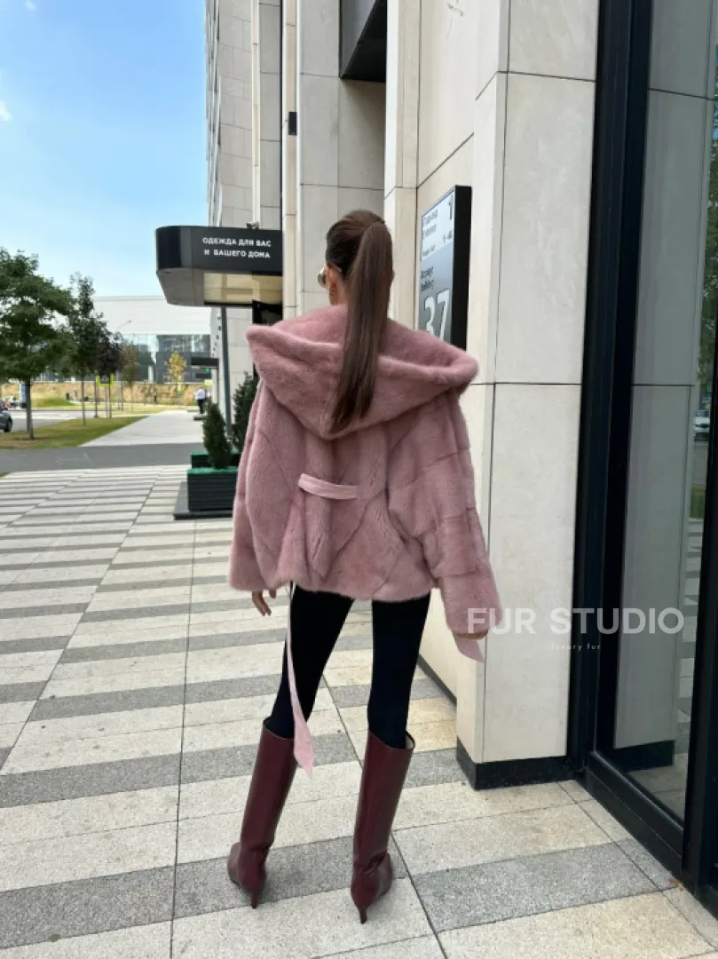 Норковый жакет с капюшоном - цвет розовый фламинго
