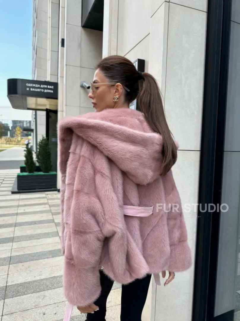 Норковый жакет с капюшоном - цвет розовый фламинго