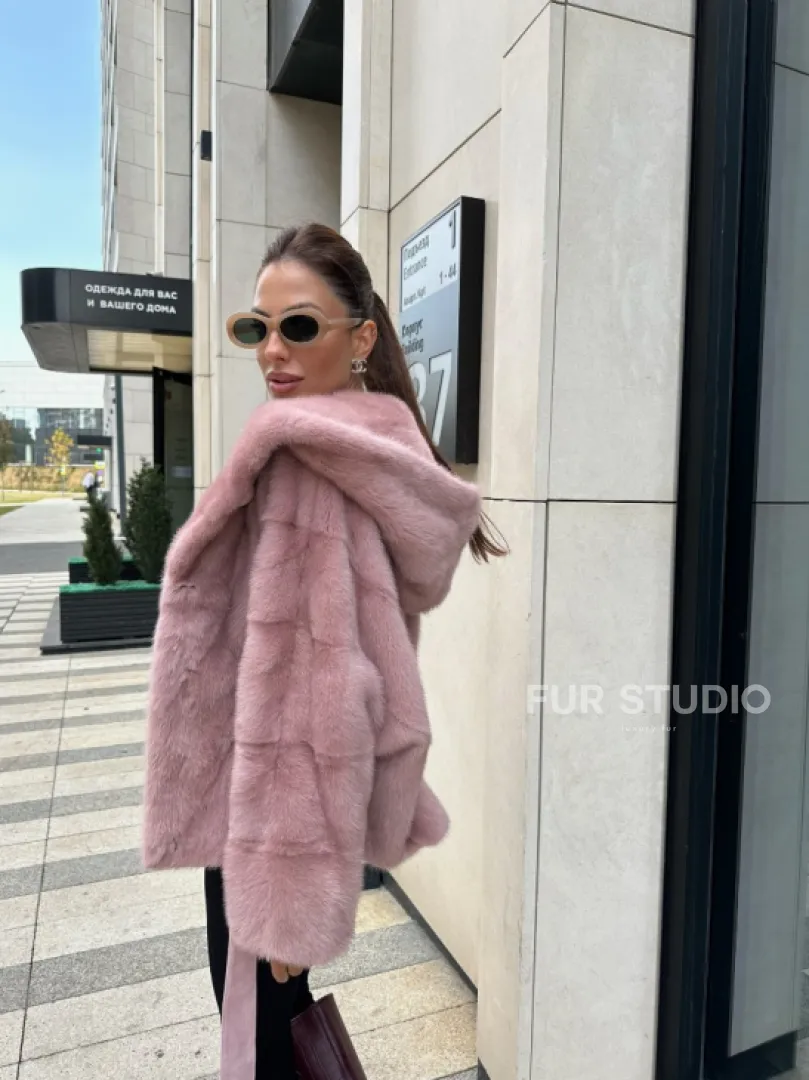 Норковый жакет с капюшоном - цвет розовый фламинго