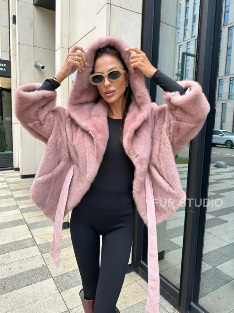 Норковый жакет с капюшоном - цвет розовый фламинго