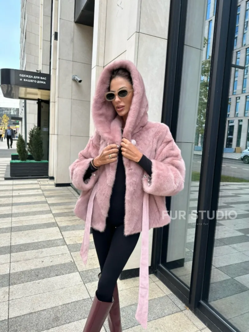 Норковый жакет с капюшоном - цвет розовый фламинго