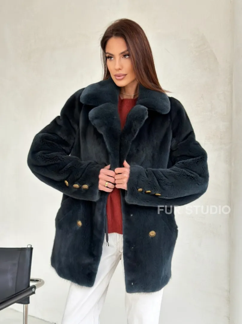 Норковый жакет английский воротник - черный изумруд