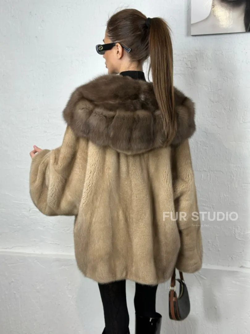 Норка автоледи с капюшоном куница - цвет пастель