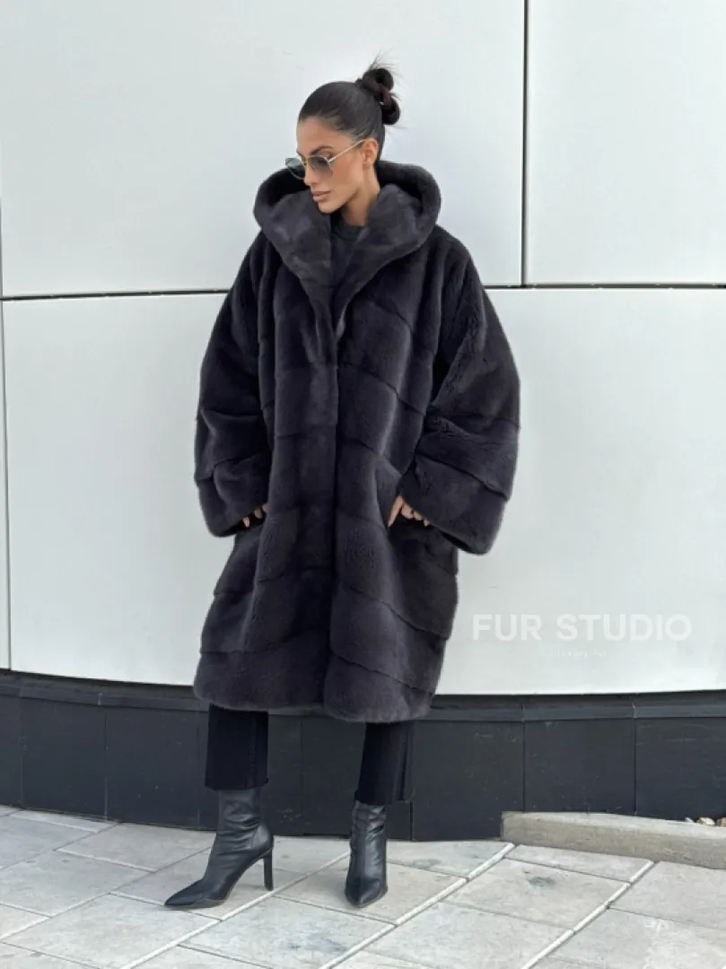 Норковая шуба паркет с капюшоном - цвет блю ирис