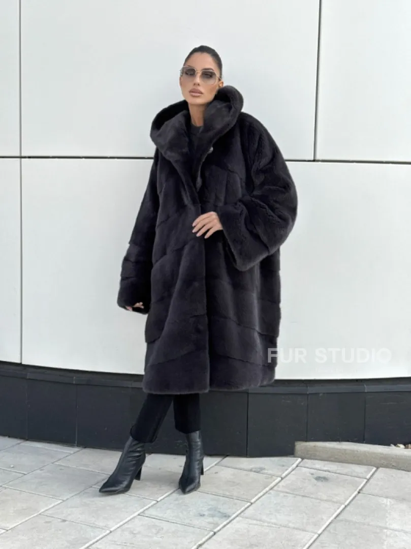 Норковая шуба паркет с капюшоном - цвет блю ирис