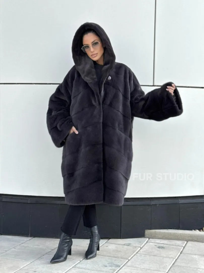 Норковая шуба паркет с капюшоном - цвет блю ирис