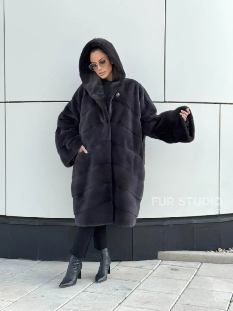 Норковая шуба паркет с капюшоном - цвет блю ирис