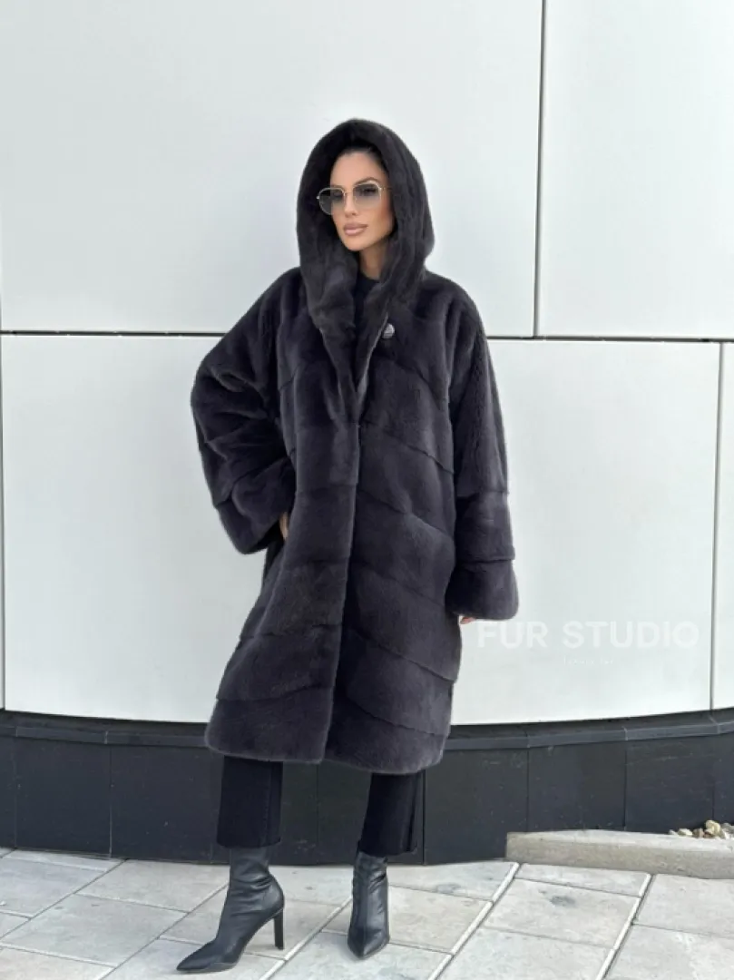 Норковая шуба паркет с капюшоном - цвет блю ирис
