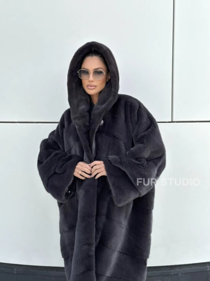 Норковая шуба паркет с капюшоном - цвет блю ирис