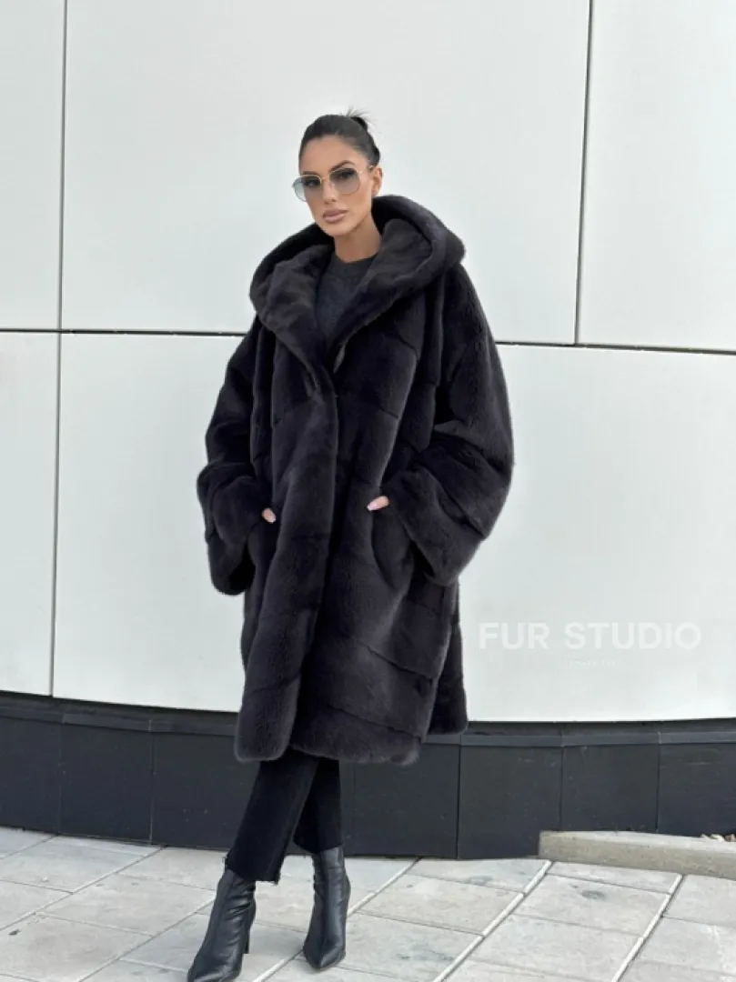 Норковая шуба паркет с капюшоном - цвет блю ирис