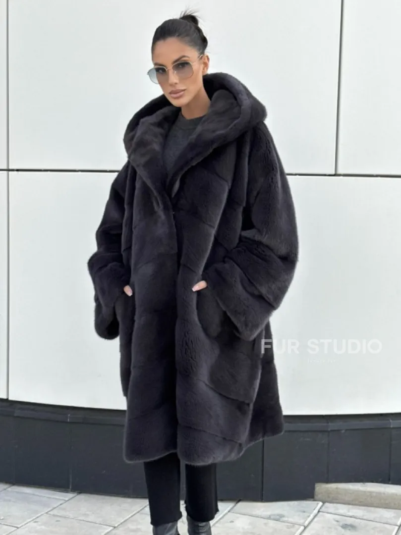 Норковая шуба паркет с капюшоном - цвет блю ирис