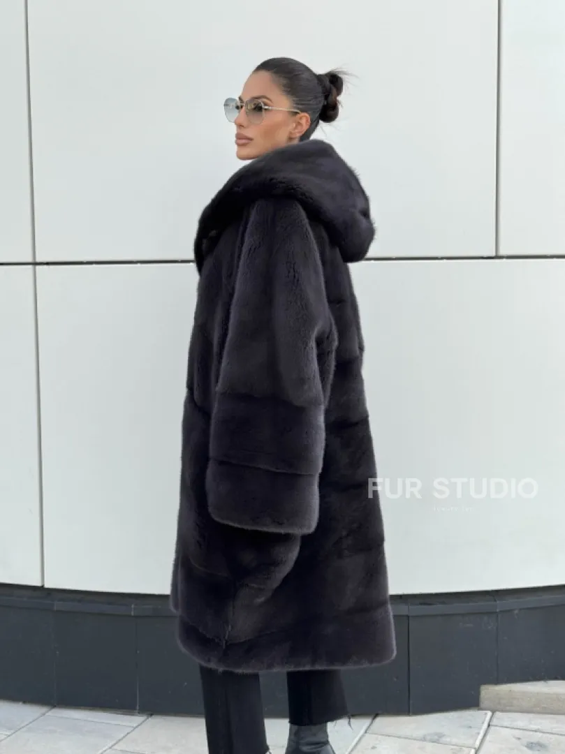 Норковая шуба паркет с капюшоном - цвет блю ирис