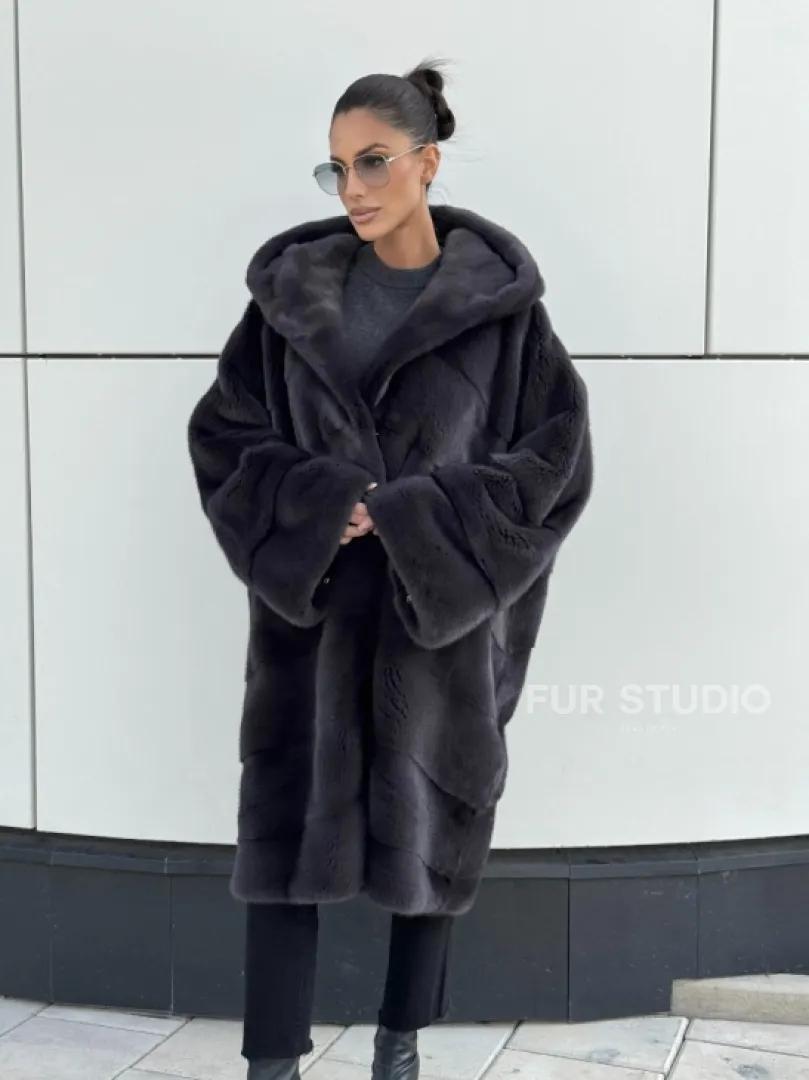 Норковая шуба паркет с капюшоном - цвет блю ирис