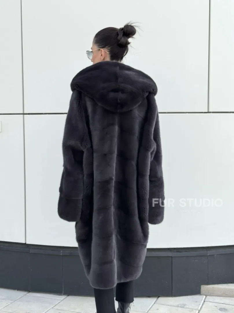 Норковая шуба паркет с капюшоном - цвет блю ирис