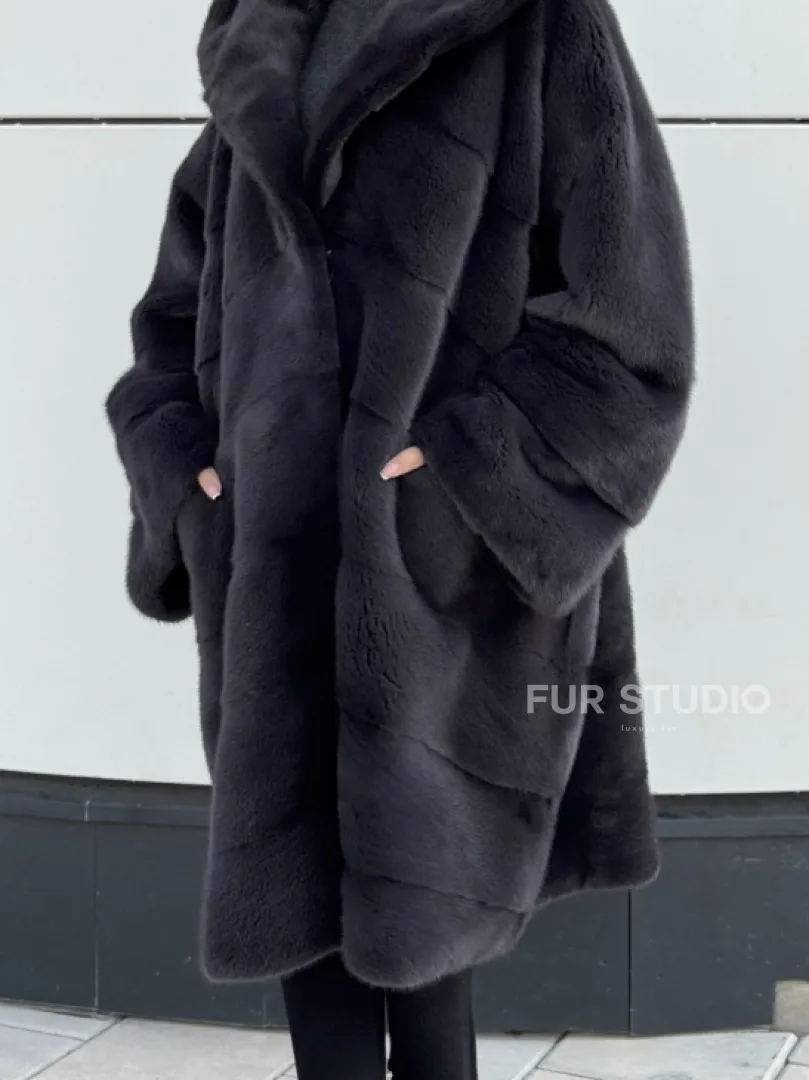 Норковая шуба паркет с капюшоном - цвет блю ирис