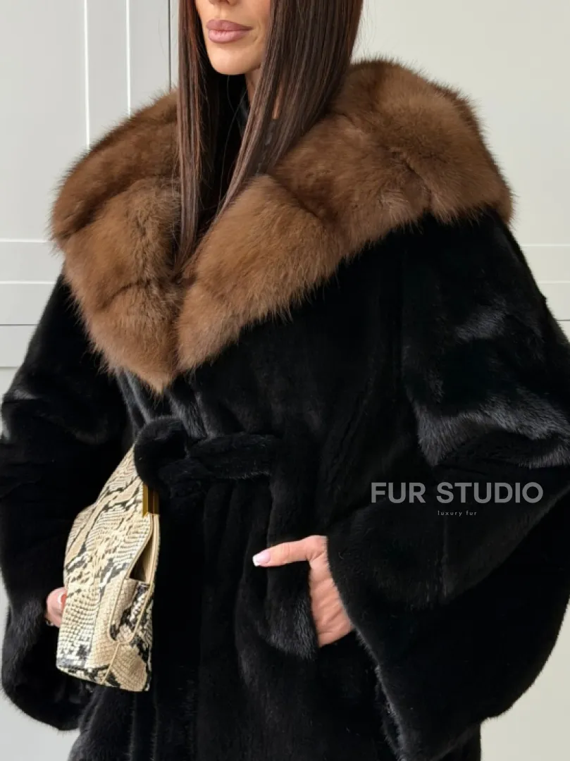 Норковая шуба фасон баллон с капюшоном куница