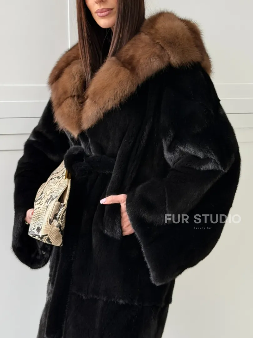 Норковая шуба фасон баллон с капюшоном куница
