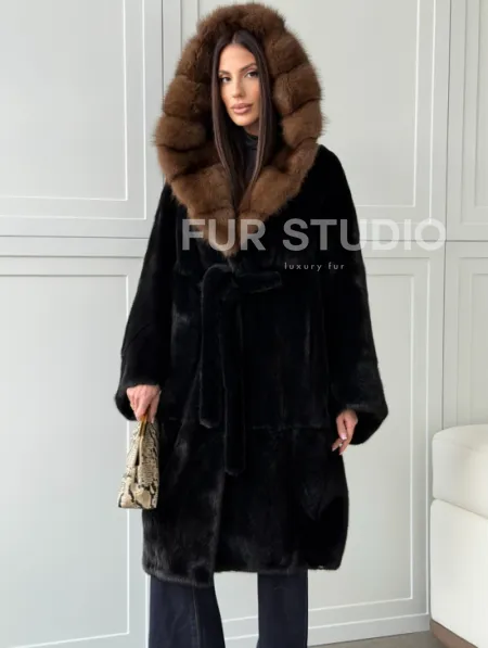 Норковая шуба фасон баллон с капюшоном куница - фото 9