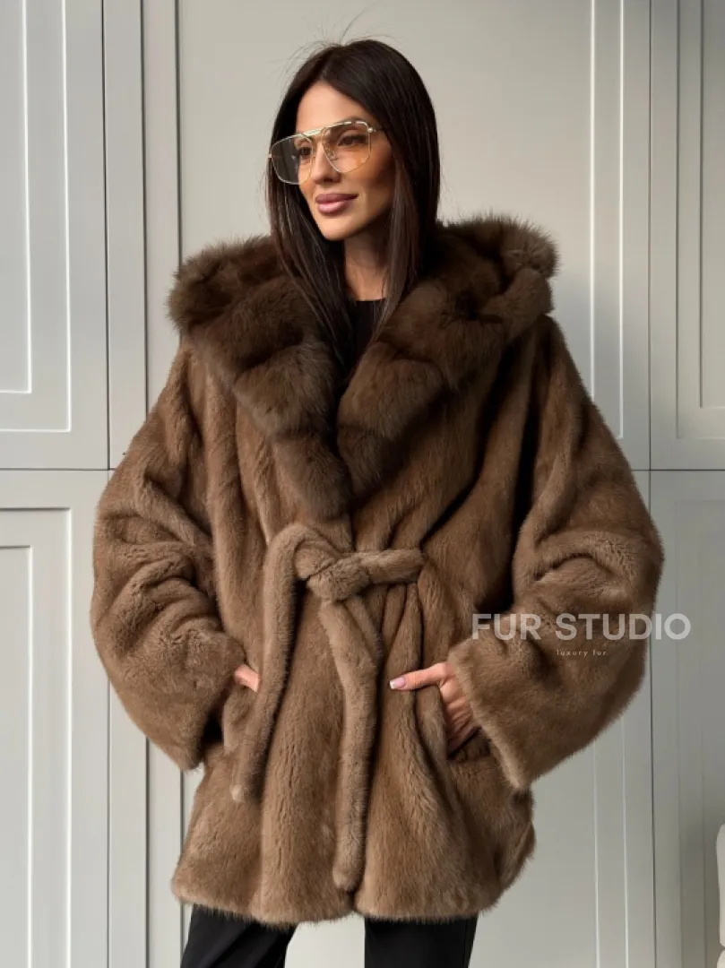 Норка NAFA пошив роспуск пастель с капюшоном куница -летучая мышь