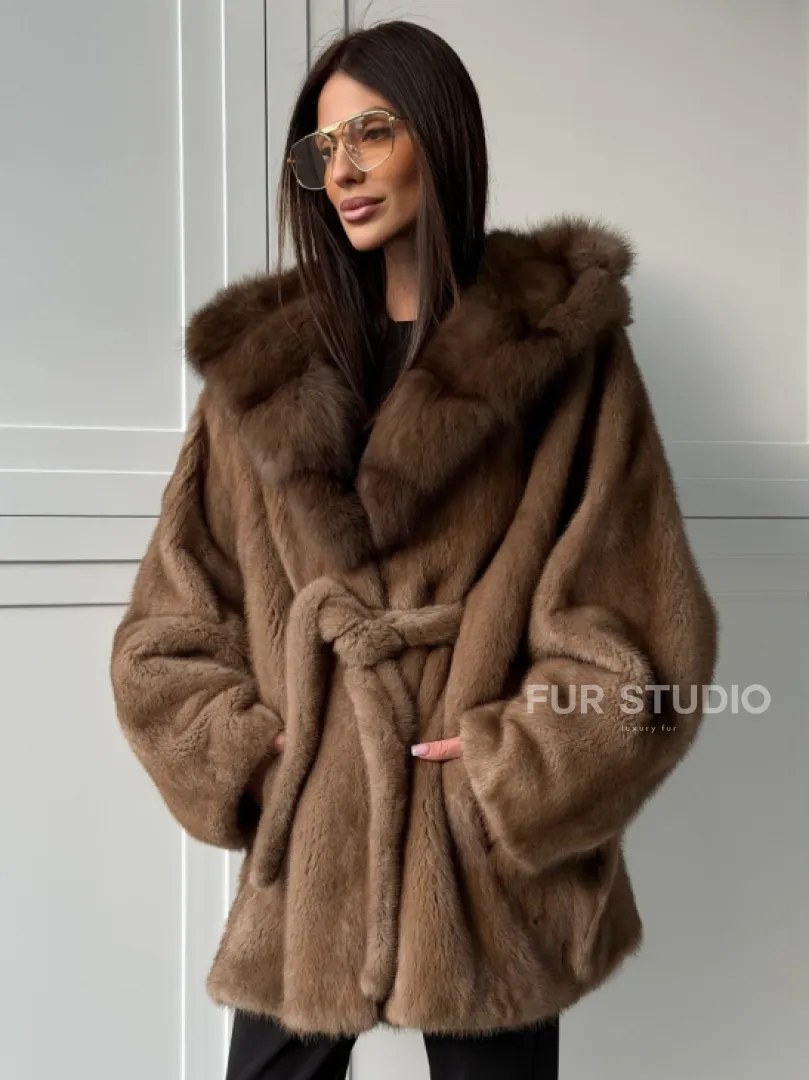 Норка NAFA пошив роспуск пастель с капюшоном куница -летучая мышь