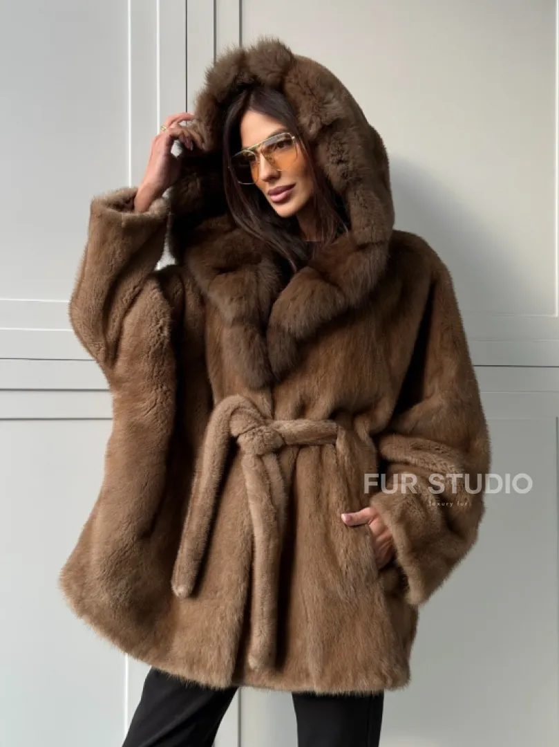 Норка NAFA пошив роспуск пастель с капюшоном куница -летучая мышь