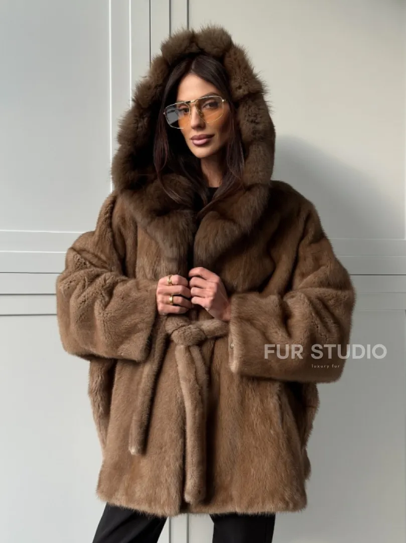 Норка NAFA пошив роспуск пастель с капюшоном куница -летучая мышь