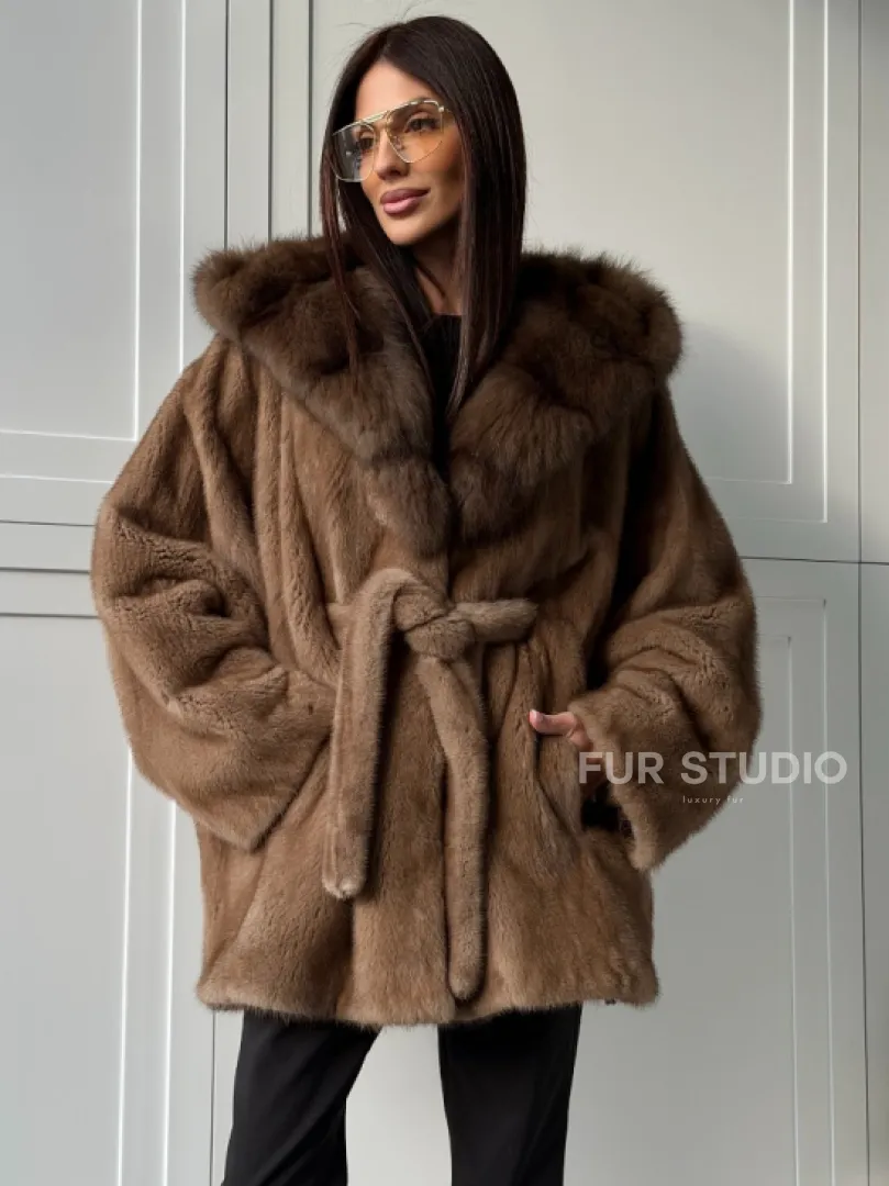 Норка NAFA пошив роспуск пастель с капюшоном куница -летучая мышь