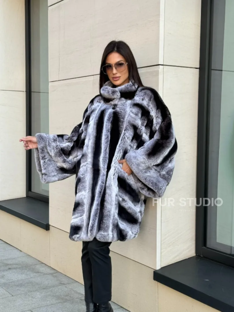 Шуба из кролика рекс стойка воротник - цвет шиншилла