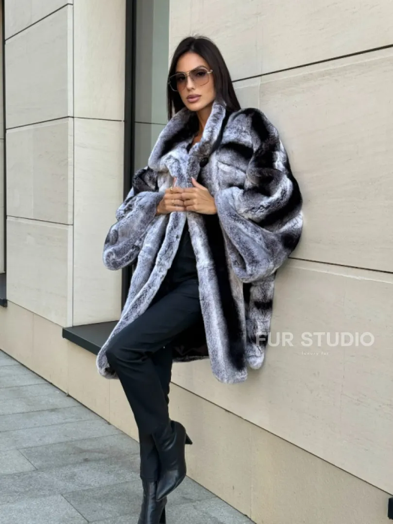 Шуба из кролика рекс стойка воротник - цвет шиншилла