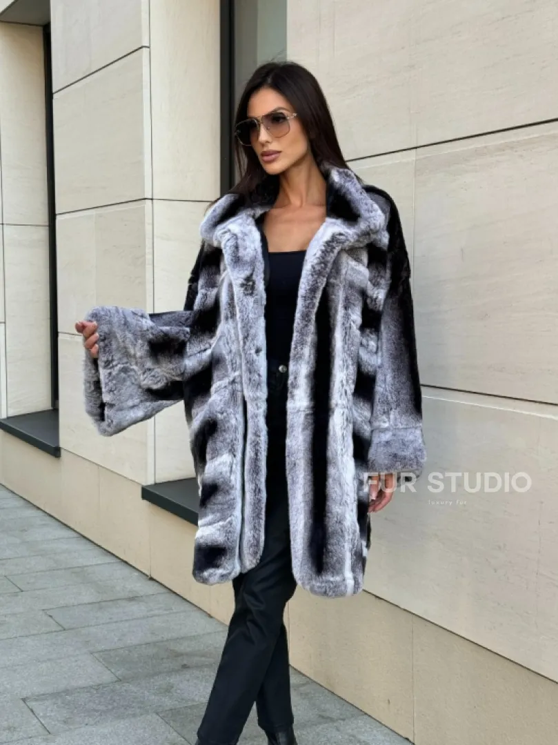 Шуба из кролика рекс стойка воротник - цвет шиншилла